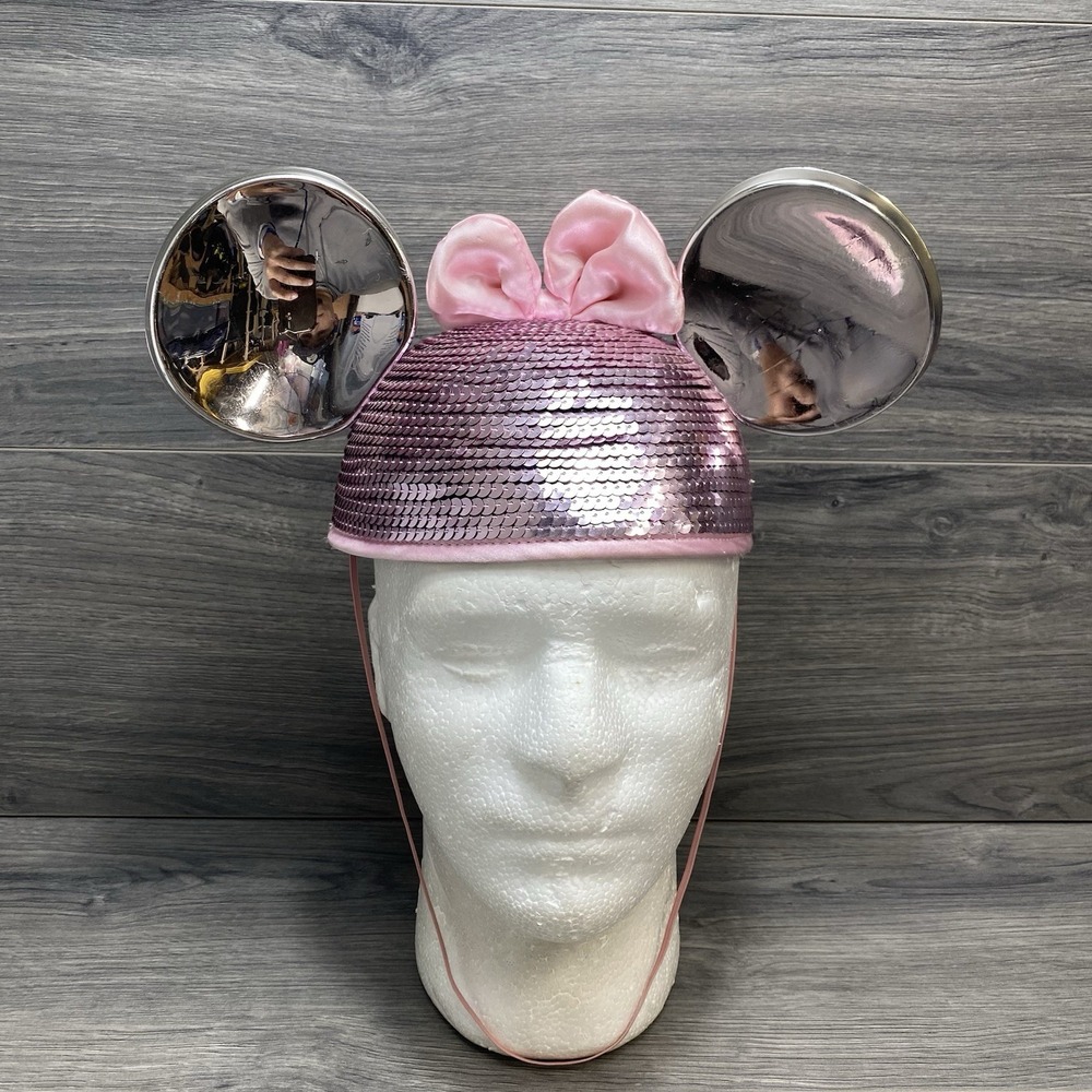 Disney Parks Minnie Mouse Ears Pink Metallic Sequin Hat Cap Disco Ball Bow